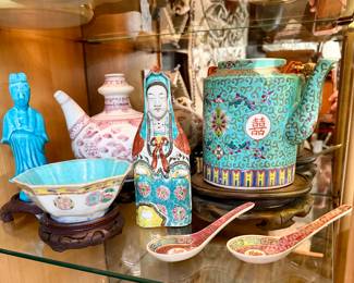 Lot #115: Antique and Vintage Chinese Export Porcelains, Kwan Yin Figurine, Tea Pots, Soup Spoons and More