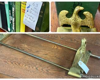 Lot #63: Antique Brass Book Rack and Collection of Vintage Books on African Safari/Big Game Hunting Hardback Books (some 1st Ed.)