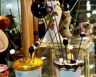 Lot #83: Vintage and Antique Hatpins and Three Porcelain Hatpin Holders