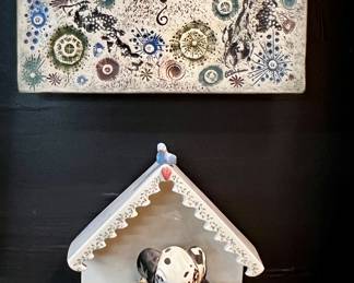 Lot #116: Vintage E.C. Brikman Pottery Clock and a very Charming Original Signed Glazed Ceramic Wall Hanging by Gloria Pecora