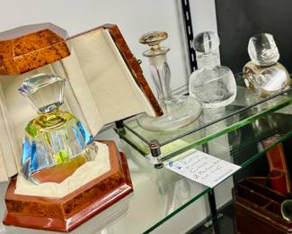 Lot #68: Decorative Bottle in Presenting Case plus Three Vintage Perfume Bottles and Mirrored Vanity Tray