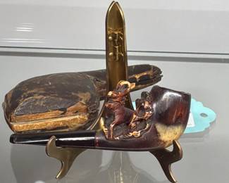 Lot #74: Antique Hand Carved CPF Pipe with Tooled Leather Case