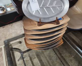 #119: Pewter Steak Plates with Teak Chargers: Set of 8