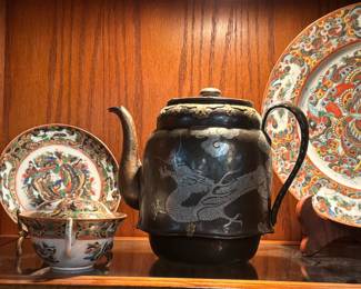 Lot #106: Antique Chinese Bronze Teapot and collection of Antique Chinese "1000 Butterflies Porcelains"