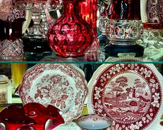 Lot #111: 100 years of Ruby Red, Collection of antique King's Thumbprint to Copeland, Fenton, Mason's, Beleek and more!