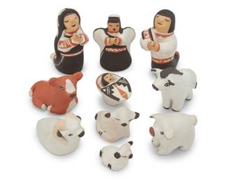 97
Stella Teller (b. 1929, Isleta Pueblo)
A polychrome pottery Christmas nativity set, 1970
Each variously signed: S. Teller / Stella Teller; further marked: Isleta NM; one dated
Comprising Mary, Joseph, the Christ child, an angel, and six barn animals
10 pieces
Tallest: 4.125" H x 1.875" W x 2.875" D; Smallest: 1.375" H x 1.25" W x 1.875" D
Estimate: $700 - $900