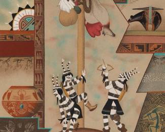 82
Tyler Herman Jr.
(20th century, Navajo/Diné)
"Koshare Kachina with Fetish and Pottery"
Navajo sandpainting in colors on board
Signed and titled in ink, verso: H Tyler
Sight: 17.5" H x 17.5" W
Estimate: $200 - $400