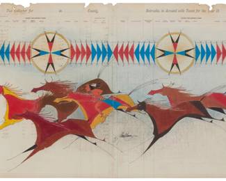 77
Donald F. Montileaux
(b.1948, Oglala Sioux)
Ledger painting, 2012
Colored pencil and ink on ledger paper with printed and typed text
Signed and dated in ink, lower center: Montileaux 12
Sheet: 16.5" H x 27.75" W
Estimate: $800 - $1,200