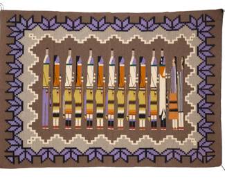 28
A Navajo Yei pictorial textile
Late 20th century, Diné, Louise Maloney
Woven in light grey, dark grey, purple, orange, ochre, white, and black wool with two figures and twelve Yei dancers, with an elaborate stepped and crenellated double border
50.5" H x 72.5" W
Estimate: $700 - $900