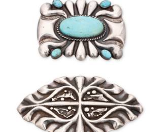 196
Two Southwest silver jewelry items
Mid/late 20th century
Two works:

Allen Pooyouma (1922-2014, Hopi Pueblo)
Stamped for artist: [corn cipher] / Sterling; with etched mark: JTL
A large cast sterling silver stylized concho-style belt buckle with elaborate silver overlay
2.25" H x 4" W

A Southwest style sterling silver and turquoise brooch
Unmarked
A large rectangular silver concho-style backed brooch with applied cast silver design elements and set turquoise cabochons
2.5" H x 3.25" W

2 pieces total
146.3 grams gross
Estimate: $300 - $500