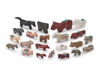 238
A group of Southwest Pueblo carved stone horse fetish figures
Mid/late 20th century, mostly Zuni Pueblo
Nine labeled for artist
A group of carved stone figures, primarily horses, in various sizes and various stones and materials
including pipestone, onyx, and other pink and grey hardstones, including nine figures by Zuni artists including Emery Boone, Virginia Toombs, Pedia Nastacio, Gabriel Burns, Tyler Quam, and Lucy Cooeyate, as well as thirteen further horse figures, most with mounted offerings
22 pieces
Largest: 2" H x 0.5" W x 3.75" D; Smallest: 0.75" H x 0.25" W x 1.375" D
Estimate: $200 - $400