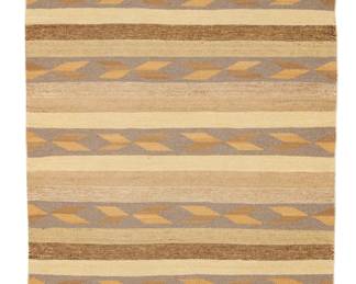 55
A Navajo Crystal rug
Late 20th century, Diné, attributed to Joan Weaver
Woven in natural greys and browns, ochre, tan, and pale yellow wool, with bands of stacked chevrons
58.75" H x 37.75" W
Estimate: $300 - $500