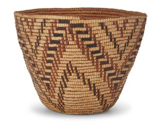 137
A polychrome Coast Salish/Nisqually basket
Mid-20th century; Northern Washington/Southern British Columbia
A tall coiled imbricated basket with intricate stepped zigzag motifs
8" H x 10.75" W x 9.5" D
Estimate: $200 - $400