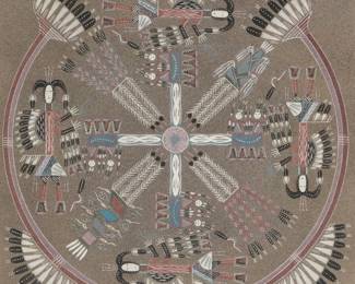 79
Johnny Benally Sr.
(20th century, Navajo/Diné)
"Whirling Log"
Navajo sandpainting in colors on board
Signed lower right: Benally Sr.; signed again, titled, and inscribed in ink, all verso: "A sand painting made by the Navajo tribe and used in certain ceremonial rituals"
Sight: 15.75" H x 15.75" W
Estimate: $300 - $500