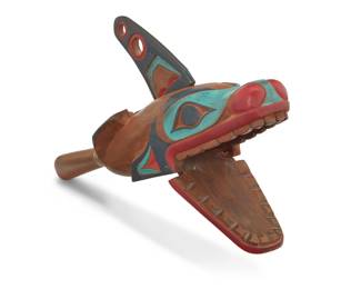 130
Ivan [Coyote] Otterlifter (1936-1999, Cherokee-adopted Tlingit)
A Northwest Coast polychrome carved wood killer whale clapper, mid-20th century
Signed to underside: Ivan Otterlifter / [artist's 'Cyot' cipher]
With partially leather-wrapped handle, articulated jaw and dorsal fin
6.25" H x 13" W x 3.625" D
Estimate: $600 - $800