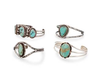 202
A group of Southwest silver and turquoise cuff bracelets
Mid/late 20th century
One marked: BBT / Sterling
Comprising two double wire cuffs and two three-wire cuffs, each with set turquoise stones, including a cuff with three set graduated stones and twisted wire and silver ball accents
4 pieces
Largest: 6.5" total inner C x 1.125" H; Smallest: 6" inner C x 1.125" H
97.2 grams gross
Estimate: $200 - $400