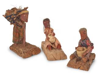 249
Chepa & Domingo Franco (1901-1980 & 1892-1966, Tohono O'odham)
Three Papago carved wood and cactus dolls, early/mid-20th century; San Xavier
Each unmarked
Fashioned from cholla, saguaro, leather, cellulosic fibers, trade cloth, and hair, comprising two seated basket weavers and one figure with walking stick and burden basket
3 pieces
Largest: 9.5" H x 8" W x 5.75" D; Smallest: 6.375" H x 5.875" W x 4.125" D
Estimate: $100 - $200