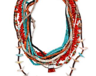212
A group of Southwest style stone and shell bead necklaces
Mid/late 20th century
Unmarked
Comprising five single strand bead necklaces in various shell and stone beads including turquoise, jet, spiny oyster, graduated branch coral, heishi, carved shell fetish birds, and silver beads (18" to 26" L), as well as a double strand necklace of coral and heishi and a triple strand of turquoise beads (each: 18.5" L), and a spectacle retainer/ eyeglasses chain of turquoise, coral, and silver beads with clip fasteners (22" L)
8 pieces
170.2 grams gross
Estimate: $500 - $700