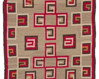 6
A Navajo regional rug
Early 20th century, Diné
Woven in red, cream, grey, natural grey, dark brown, and tan wool, with hooked motifs within floating crosses
104" H x 63" W
Estimate: $800 - $1,200