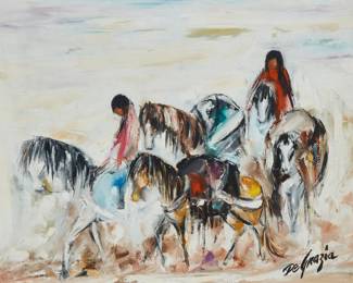 71
Ted DeGrazia
(1909-1982)
"Old Indian and Wife Trade Three Loads of Meat (Chapter 2, Page 6)," 1961
Oil on canvas
Signed lower right: DeGrazia; signed again and inscribed "Tucson Arizona / USA / The Juan Galván story," and with the artist's copyright statement, all verso; titled in pencil on the stretcher; dated by repute
18" H x 24" W
Estimate: $1,500 - $2,000