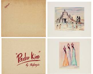 76
Ted DeGrazia
(1909-1982)
A nearly complete "Padre Kino" portfolio, 1962
19 offset lithographs in colors on wove paper
From the edition of unknown size
Each plate with the printed signature in the lower right image corner and with the printed title in the lower margin, at center; Tyler Printing Company, Phoenix, AZ, prntr.; DeGrazia Studios, Tucson, AZ, pub.; includes the title pamphlet and 19 loose plates (incomplete; the set originally comprised 20 plates); each loose, housed in the original cream-colored cloth portfolio, with the artist's name and title printed in red on the front, and further enclosed in a matching cloth slipcase with the artist's name printed in red in the upper left corner
Smallest Image: 13.875" H x 10.875" W; Largest Image: 11.875" H x 17.625" W; Each sheet: 18" H x 22" W
Estimate: $800 - $1,200