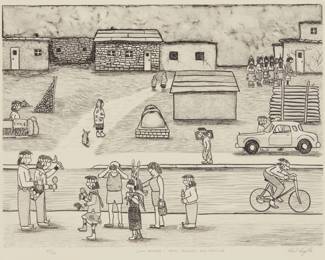 174
Phil Hughte
(1954-1997, Zuni)
"Zuni Summer: Rain, Tourists and Dancing," 1989
Lithograph on wove paper
Edition: 49/50
Signed, titled, and numbered in pencil in the lower margin: Phil Hughte; Bill Lagattuta, prntr.; Tamarind Institute, University of New Mexico, Albuquerque, NM, pub., with their blindstamp and an unidentified blindstamp in the lower margin, at left
Image: 12" H x 16" W; Sight: 15" H x 19" W
Estimate: $100 - $200