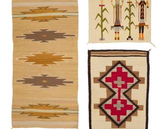 250
A group of Southwest Navajo textiles
Mid-20th century, Diné
Three works comprising a Chinle style rug in natural colors with five bands of serrated diamonds (56" H x 28.5" W), a Navajo regional mat with stacked serrated diamonds and banded ends (38.5" H x 28.5" W), and a small pictorial textile with two Yei figures and corn stalks (21.5" H x 26.5" W)
3 pieces
Estimate: $300 - $500