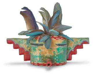 178
Gregory Lomayesva (b. 1971, Hopi-Tewa)
A Hopi katsina-style polychrome carved wood mask, 1999
Twice signed and dated verso: Greg Lomayesva / 99
Mounted with decorative feathers
With feathers: 10.5" H x 14.25" W x 5.875" D
Estimate: $200 - $400