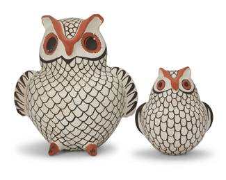 115
Eva Histia (1914-2005, Acoma Pueblo)
Two polychrome pottery owls, late 20th/early 21st century
Larger signed: E. Histia / Acoma, N.M.; smaller marked: Acoma
Each with orange and brown decorations on a white slip ground
2 pieces
Larger: 9.375" H x 8.375" W x 6.5" D; Smaller: 5.75" H x 5" W x 4.625" D
Estimate: $300 - $500