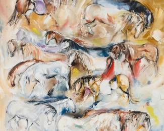 75
Ted DeGrazia
(1909-1982)
"Two Apache Women Drive [Fifteen] Horses," 1961
Oil on canvas
Signed lower right: DeGrazia; signed again and inscribed "Tucson Arizona / USA / Galván," and with the artist's copyright statement, all verso; titled in pencil on the stretcher; dated by repute
24" H x 18" W
Estimate: $800 - $1,200