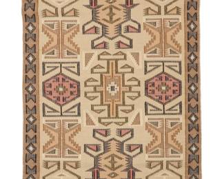 45
A Navajo Coal Mine Mesa raised outline rug
Late 20th century, Diné, attributed to Evelyn Yazzie
Woven in a raised outline style in pale brown, red, grey, yellow, cream, and black wool depicting multiple hooked step motifs and other elaborate designs, with a narrow border of diamond and stepped motifs
65" H x 39" W
Estimate: $600 - $900
