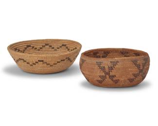 233
Two Southwest baskets
Early 20th century, Central & Southern California
Two works comprising a small Mission coiled flared tray with a zigzag band (2.25" H x 7" Dia.), and a small Yokuts coiled oval bowl with sawtooth X-form motifs to sides (2.5" H x 5.5" W x 4" D)
2 pieces
Estimate: $300 - $500