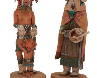 177
Kerry David (b. 1963, Hopi-Tewa/Navajo)
Two polychrome carved cottonwood katsinas, 1997/1999
Each signed and dated to underside: Carved by Kerry L. David
Comprising a mudhead katsina with mudhead child, and a kachin mana figure, each raised on a base incised and painted with a kiva and tawa mask
2 pieces
Mudheads overall: 13" H x 4.25" W x 5.125" D; Kachin mana overall: 12.5" H x 4.5" W x 3.75" D
Estimate: $400 - $600