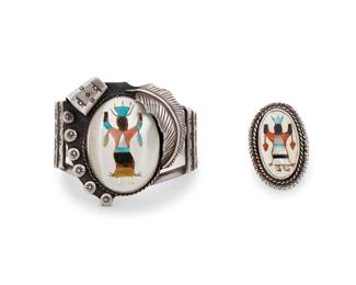 209
A group of Southwest Zuni Pueblo style silver and inlay jewelry
Mid/late 20th century
Two works:

Herbert Pino (b. 20th century, Cherokee)
A Cherokee two-wire cuff bracelet with Zuni style figural inlay
Stamped: Herbert Pino
With a stone and shell inlay plaque including mother of pearl, coral, and turquoise, flanked by sliver overlay feather and stamped elements
6.5" total inner C x 2.125" H, with a 1.25" gap

Roland Hogan Begay (b. 20th century, Diné)
A silver ring with Zuni style figural inlay
Stamped: RHB [partially obscured]
A plaque ring with mother of pearl, turquoise, and coral inlay
Ring size: 6; 1.625" H

2 pieces total
63.1 grams gross
Estimate: $400 - $600