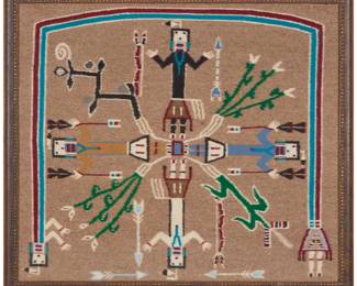61
A framed Navajo pictorial sand painting textile
Late 20th/21st century, Diné
Woven in multicolored wool on a light brown field featuring directional Yei figures with attributes and a Rainbow Guardian
Sight: 31" H x 36" W
Estimate: $400 - $600