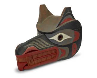129
Aubrey LaFortune (b. 1966, Coast Salish)
A Northwest Coast polychrome carved cedar wolf mask, late 20th century
Signed and inscribed to interior: L. Lafortune / Wolf
10.125" H x 15.25" W x 7.125" D
Estimate: $400 - $600