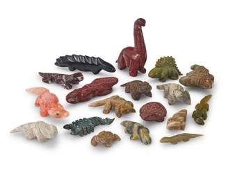 225
A group of Southwest carved stone reptiles and dinosaur fetish figures
Mid/late 20th century, Zuni Pueblo & Diné
Seven labeled for artist
Comprising eighteen reptile figures including various lizards, horned toads, Gila monsters, scorpions, as well as two dinosaurs, in various sizes and stones including pipestone, various green and grey hardstones, and jet, including seven figures by Zuni and Navajo/Diné artists including Herbert Halate, Chris Yuselew, and Louise Singer, as well as eleven further figures, many with inset turquoise eyes
11 pieces
Largest: 3.75" H x1.25" W x 2.5" D; Smallest: 0.25" H x 0.375" W x 2.5" D
Estimate: $200 - $400