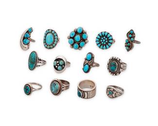 204
A group of Southwest style silver and turquoise rings
Mid/late 20th century
Seven variously marked for sterling; five further marked for maker: D / HR / R / [for Bell Trading Post] / [illegible. Mexico, Eagle mark]
Comprising seven cluster-set turquoise rings in various styles and sizes, as well as six single set turquoise rings in various styles, including a Fred Harvey-style ring with Thunderbird overlay motif, and a small shadowbox set ring
13 pieces
Ring sizes: 8 to 4
89.5 grams gross
Estimate: $200 - $400