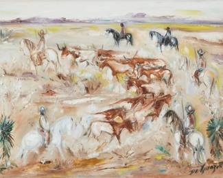 72
Ted DeGrazia
(1909-1982)
"Herd of Cattle to Presidio San Antonio (Chapter 3, Page 6)," 1961
Oil on canvas
Signed lower right: DeGrazia; signed again and inscribed "Tucson Arizona / USA / Galván's story," and with the artist's copyright statement, all verso; titled in pencil on the stretcher; dated by repute
18" H x 24" W
Estimate: $1,500 - $2,000