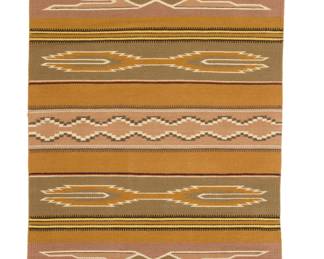 60
A Navajo Pine Springs textile
Late 20th century, Diné, attributed to Alice Tsosie
Woven in multicolor earth-tone wool, with bands of elaborate X-form motifs
46" H x 29.5" W
Estimate: $200 - $400