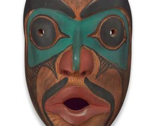 132
A Northwest Coast polychrome carved cedar mask
20th century
Unmarked
10" H x 6.75" W x 4.5" D
Estimate: $200 - $400