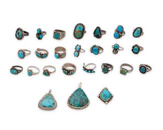 277
A group of Southwest style silver and turquoise jewelry
Mid/late 20th century
Eleven variously marked for sterling and/or for maker: Mike A.G. / Jp [conjoined, for Pacific Jewelry Co] / H / VBegay [conjoined script]
Comprising three shaped set turquoise necklace charm pendants, each with decorative wire edges, as well as twenty-two set turquoise rings in various sizes and styles, including seven row-set rings, and the remainder single set stone or turquoise rings, some with twisted wire edges, one with stamp work, one set with azurmalachite, and one set with chipped mosaic inlay
25 pieces
Pendants: 2" H to 1.25" H; Ring sizes: 8.75 to 4.75
152.4 grams gross
Estimate: $400 - $600