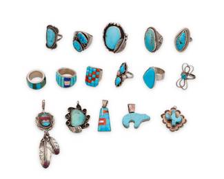 245
A group of Southwest style silver and stone jewelry
Mid/late 20th century
Seven variously marked for sterling and for maker: MY / [Rising sun picto] / DTR [Desert Rose Trading] / RR
Comprising five necklace pendants including two with set turquoise, one in the shape of a cactus, as well as three pendants with multistone inlay, including an oval inlay plaque with feather dangles, a narrow inlay pendant with spiny oyster and mother of pearl, and a bear motif two-sided pendant with turquoise inlay and multistone inlay, together with nine chunky silver rings in various styles including channel sculptural stone inlay with turquoise, coral, mother of pearl, and lapis lazuli, as well as two delicate rings with set turquoise
16 pieces
Pendants: 3.5" H to 1.25" H; Ring sizes: 10 to 4.5
152.6 grams gross
Estimate: $400 - $600
