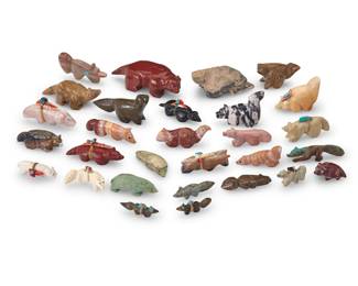 227
A group of Southwest Pueblo carved stone fox & badger fetish figures
Mid/late 20th century, mostly Zuni Pueblo
Eight labeled for artist; two with unknown marks
A group of carved stone figures, including foxes, badgers, bears, and other animals, in various sizes and various stones and materials including turquoise, pipestone, jet, bone, and other green, pink and grey hardstones, including six figures by Zuni artists including Evalena Boone, Anderson Weahkee, Gabriel Quam, Fabian Tsethlikai, Eldred Quam, and Jessie Le Boeuf, as well as twenty-three further figures, most with mounted offerings
29 pieces
Largest: 1.25" H x 1.625" W x 4" D; Smallest: 0.5" H x 0.25" W x 1.375" D
Estimate: $200 - $400