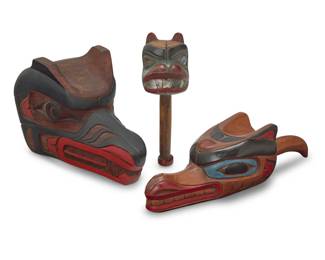 133
Three Northwest Coast polychrome carved wood items
20th century
Mask with incised signature: Aubrey LaFortune / Wolf; larger rattle signed illegibly
Comprising an Aubrey LaFortune (b. 1966, Coast Salish) painted cedar wolf mask, and two painted wood rattles, one mounted with abalone eyes and teeth
3 pieces
Mask: 18" H x 13" W x 6.125" D; Larger rattle: 4.25" H x 14" W x 4.125" D
Estimate: $700 - $900
