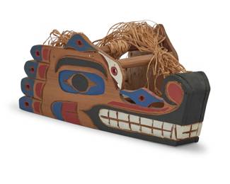 128
A Northwest Coast polychrome carved cedar carved mask
Mid/late 20th century
Appears unmarked
Possibly Nuu Chah Nulth (Nootka), with raffia hair
Wood only: 8" H x 20.5" W x 12" D
Estimate: $200 - $400