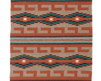 54
A Navajo Crystal textile
Late 20th century, Diné, Sally Scott
Woven in red, turquoise, brown, pale red, and natural grey wool, with bands of hooked and stacked serrated diamonds
34" H x 25" W
Estimate: $300 - $500