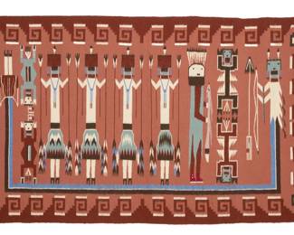 29
A Navajo Yei pictorial textile
Late 20th century, Diné, Lilly Lee
Woven in multicolor wool, with Yei figures and a rainbow guardian within a stepped and hooked border
35.25" H x 61" W
Estimate: $600 - $900