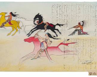 78
Jim Yellowhawk
(b. 1958, Itazipco Lakota)
Ledger art, 2012
Colored pencil, acrylic, and ink on ledger paper
Signed, dated, and with the artist's device, all in ink lower right: J. Yellowhawk / 2012 ©
Sheet: 9.625" H x 15.5" W (irreg.)
Estimate: $500 - $700