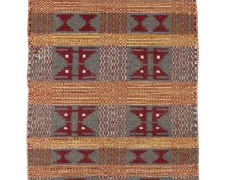 53
A Navajo double-faced twill saddle blanket
Late 20th century, Diné, Sally Becenji
Woven in dark red, orange, cream, natural grey, and black wool, side A with floating stepped and geometric designs, each side with fine-line geometric motifs
42.5" H x 25" W
Estimate: $400 - $600